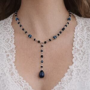 Y2K Y Drop Necklace Silver Tone Black Cats Eye Beads Soft Goth Dark Romantic